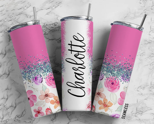 Aesthetic Pink Flower 20oz Sublimation Tumbler Designs, Glitter Split 9.2 x 8.3” Straight Skinny Tumbler Wrap PNG 141