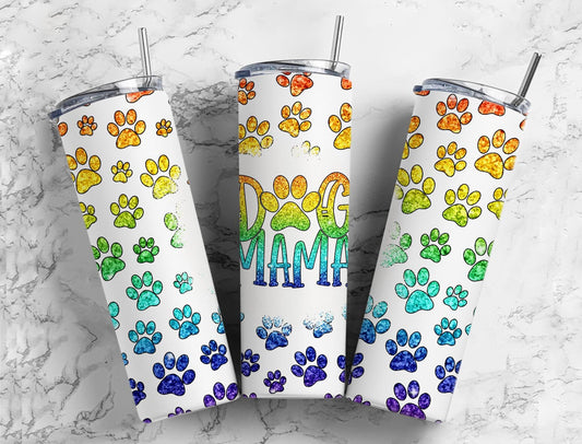 Rainbow Dog mama 20oz Sublimation Tumbler Designs, Colorful paw print 9.2 x 8.3” Straight Skinny Tumbler PNG