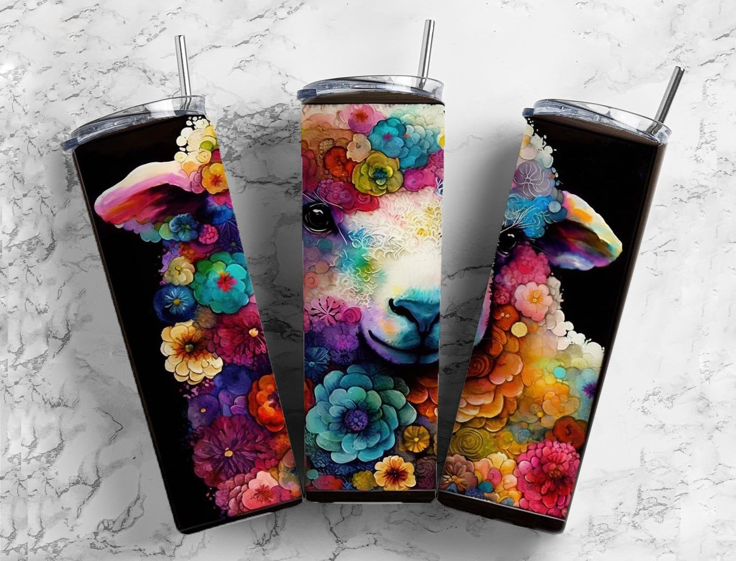 Rainbow sheep 20oz Sublimation Tumbler Designs, Floral alcohol ink 9.2 x 8.3” Straight Skinny Tumbler Wrap PNG