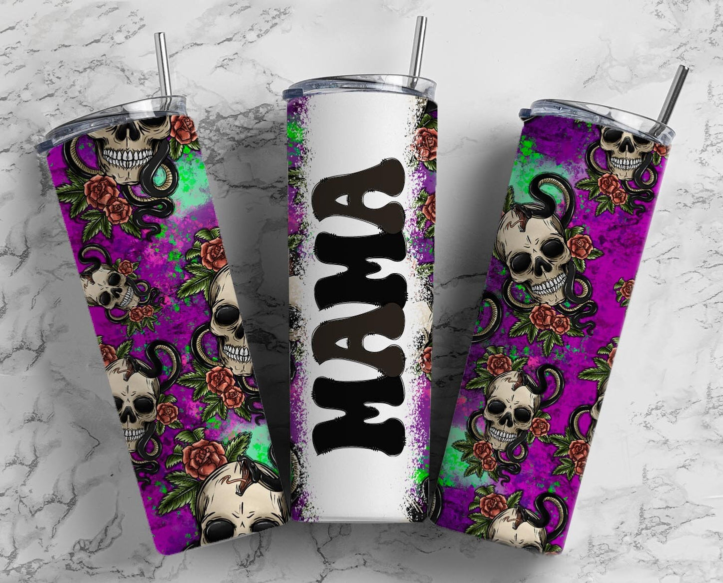 Purple Skull Purple yellow Flower 20oz Sublimation Tumbler Designs, Retro Mama 9.2 x 8.3” Straight Skinny Tumbler Wrap PNG, Mom Tumbler