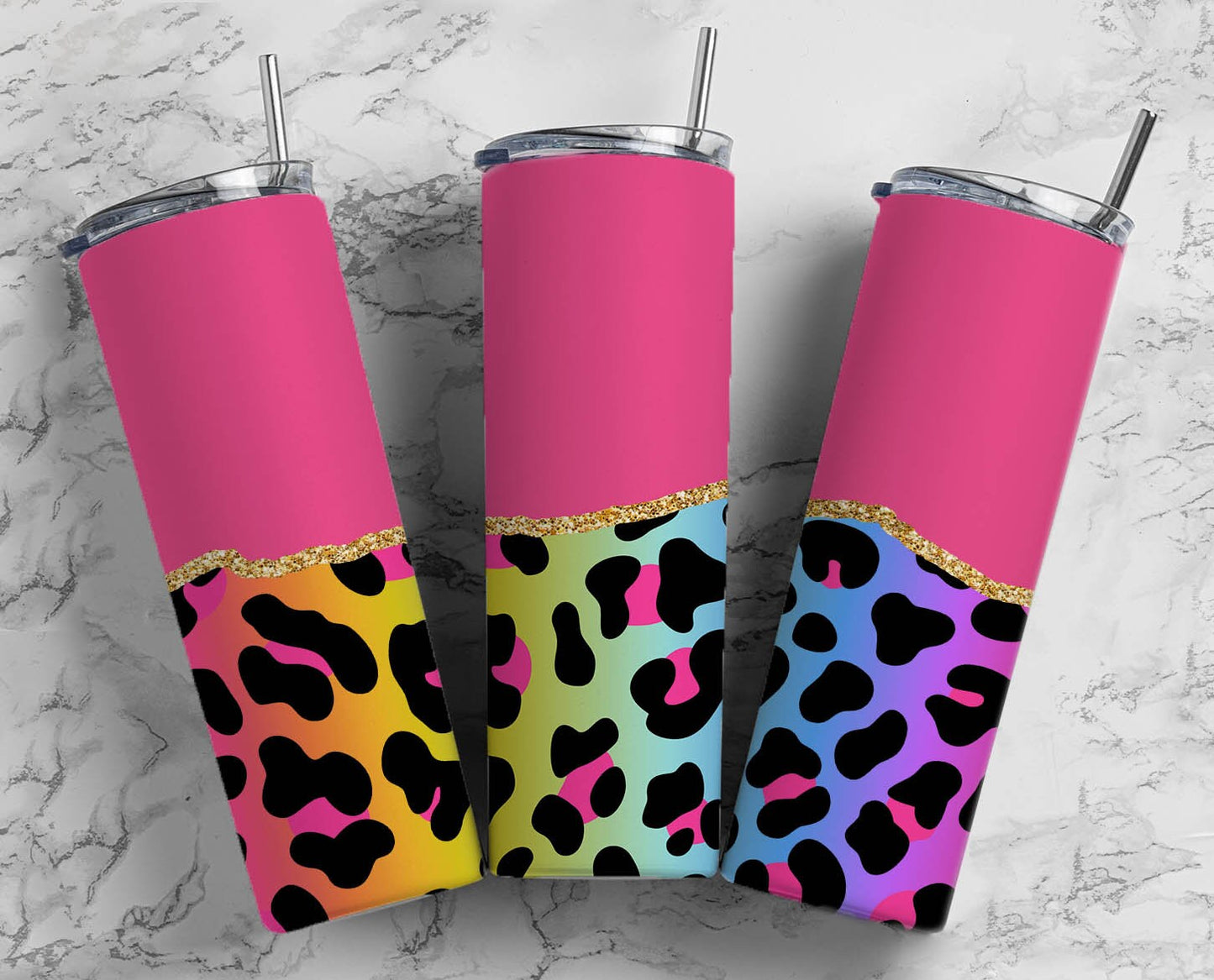 Bright Pink Leopard Print 20oz Sublimation Tumbler Designs, Fluro Purple Rainbow Agate 9.2 x 8.3” Straight Skinny Tumbler Wrap PNG 118