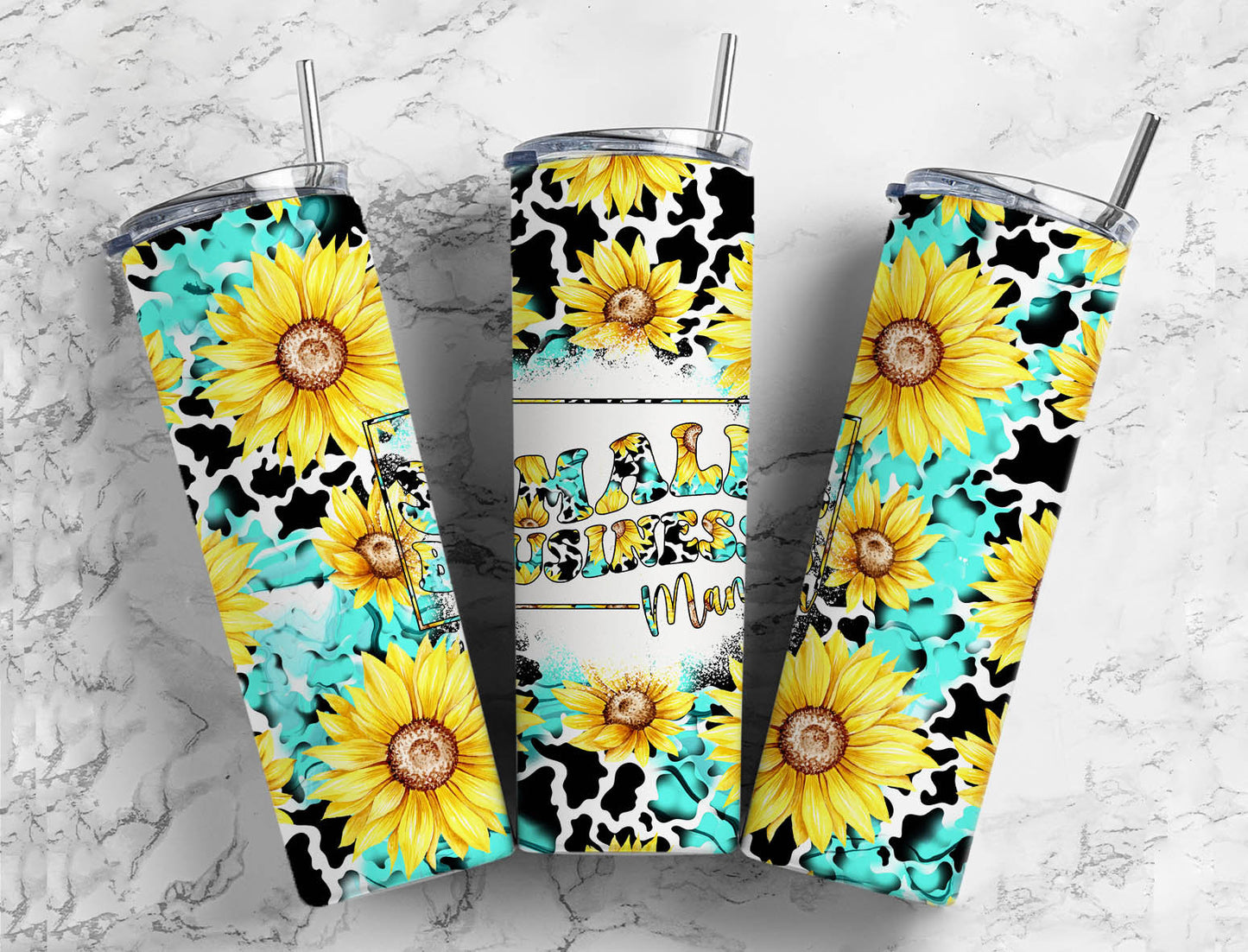 cow print sunflowers 20oz Sublimation Tumbler Designs, small business 9.2 x 8.3” Straight Skinny Tumbler Wrap PNG