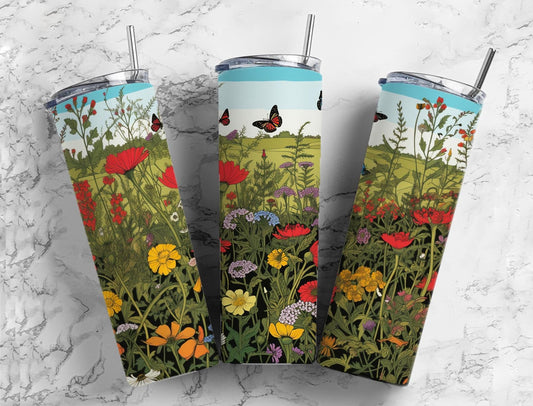 Butterfly garden 20oz Sublimation Tumbler Designs, Cottagecore 9.2 x 8.3” Straight Skinny Tumbler Wrap PNG