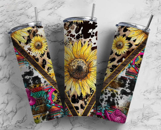 Sunflower Cowboy Hat 20oz Sublimation Tumbler Designs, Aztec Country Western 9.2 x 8.3” Straight Skinny Tumbler, Horse Lover Wrap PNG