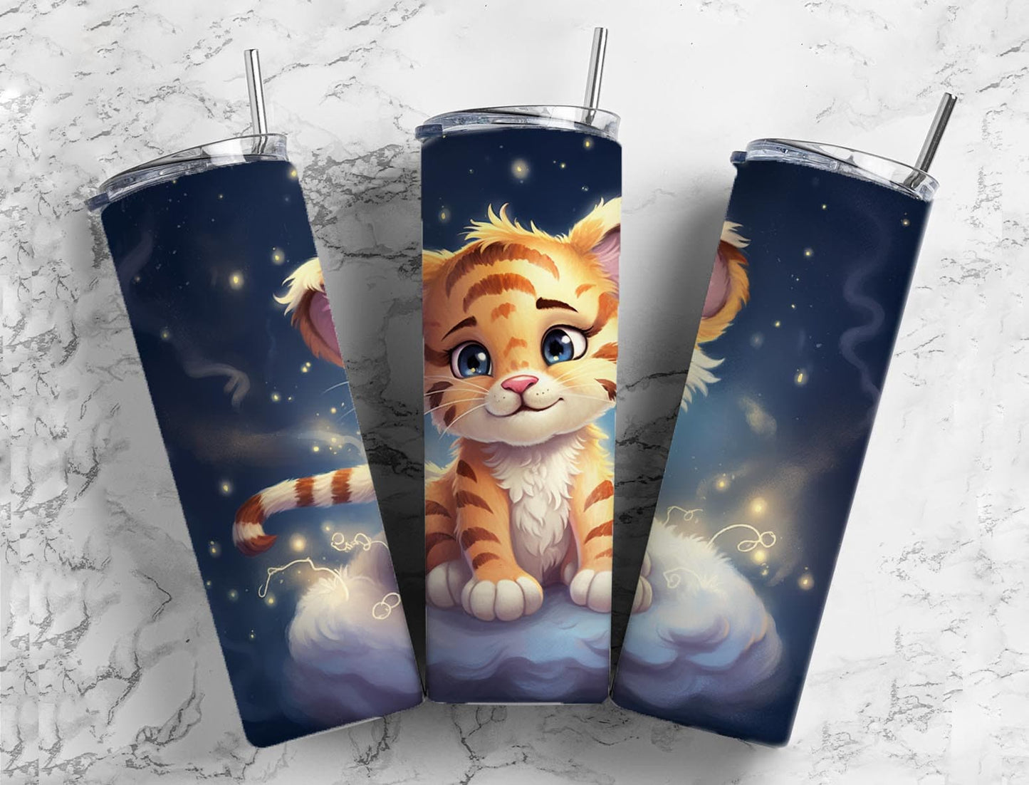 baby tiger 20oz Sublimation Tumbler Designs, Night sky clouds 9.2 x 8.3” Straight Skinny Tumbler Wrap PNG