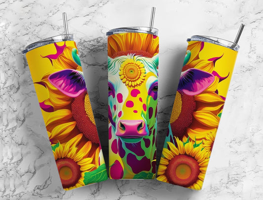 Cow floral 20oz Sublimation Tumbler Designs, western sunflower 9.2 x 8.3” Straight Skinny Tumbler Wrap PNG