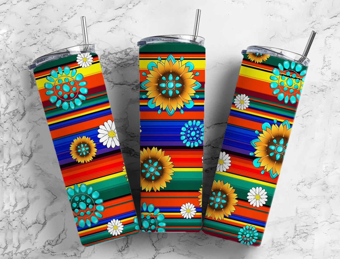 sunflower serape 20oz Sublimation Tumbler Designs, colorful striped 9.2 x 8.3” Straight Skinny Tumbler Wrap PNG