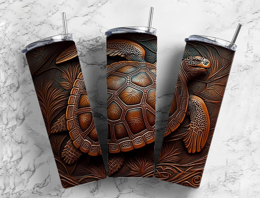 Tooled leather Turtle 20oz Sublimation Tumbler Designs, Engraved leather 9.2 x 8.3” Straight Skinny Tumbler Wrap