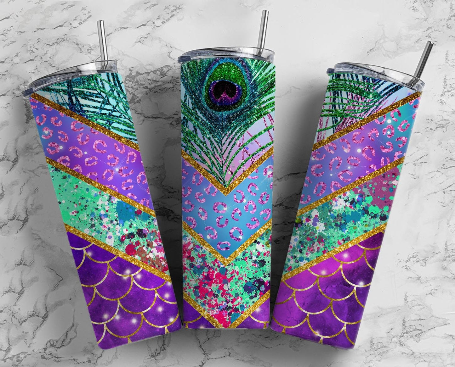 Peacock Purple 20oz Sublimation Tumbler Designs, Neon Glitter 9.2 x 8.3” Straight Skinny Tumbler Wrap, Purple Aesthetic Tumbler