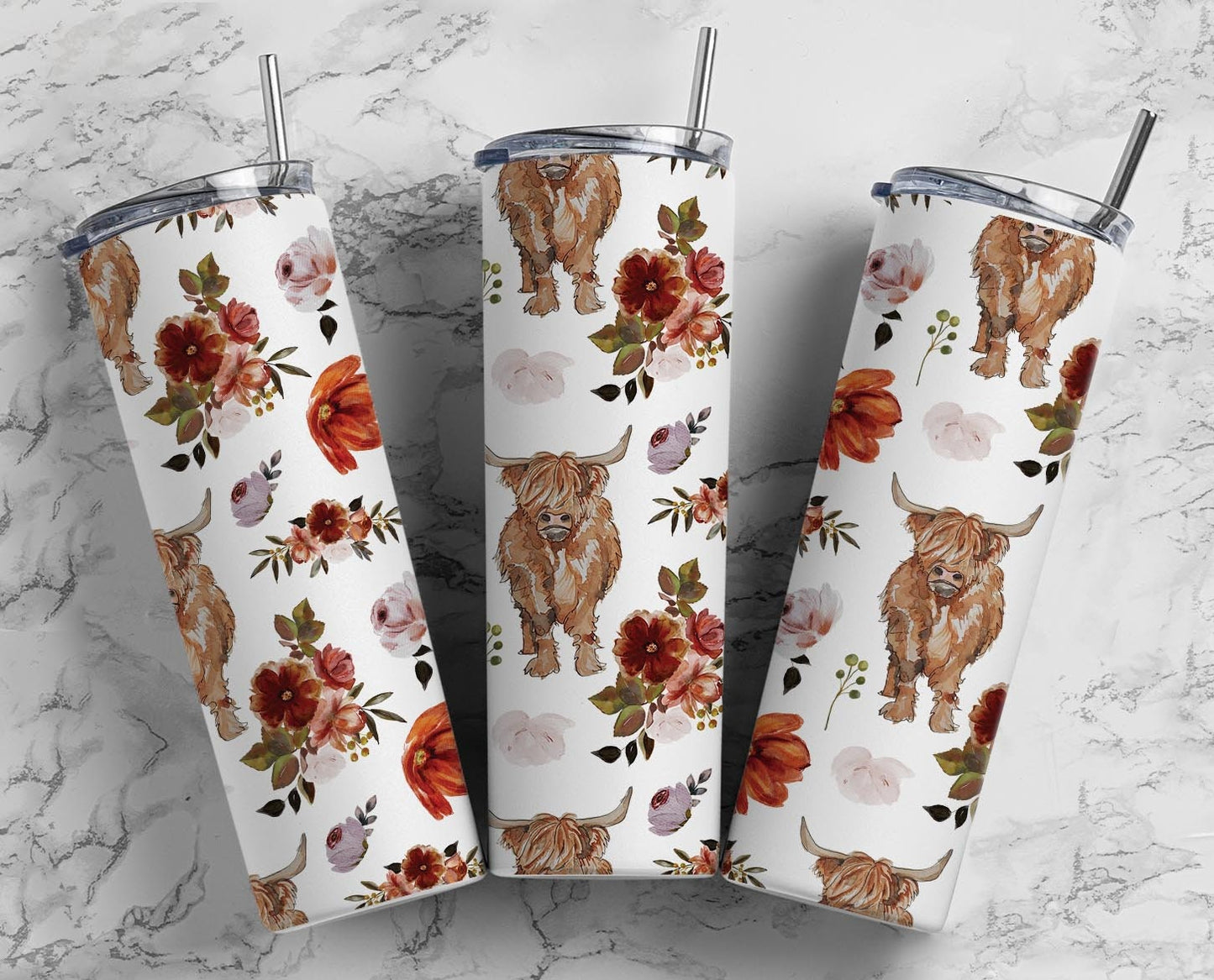 Highland Cow Floral 20oz Sublimation Tumbler Designs, Boho Flower 9.2 x 8.3” Straight Skinny Tumbler, Minimalist Wrap PNG Digital Download