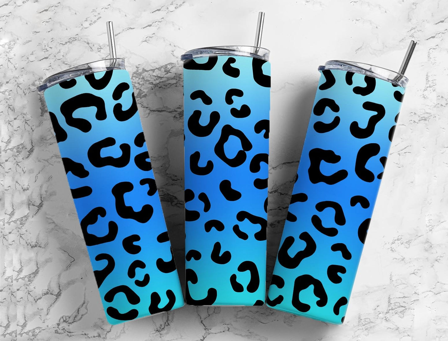 Blue gradient 20oz Sublimation Tumbler Designs, leopard print 9.2 x 8.3” Straight Skinny Tumbler Wrap PNG