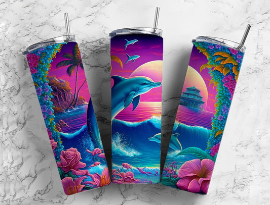 Dolphin Ocean 20oz Sublimation Tumbler Designs, Sunset Water 9.2 x 8.3” Straight Skinny Tumbler, Tumbler Wrap PNG