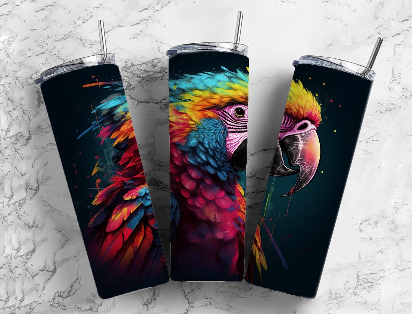 Rainbow macaw 20oz Sublimation Tumbler Designs, Colorful feathers 9.2 x 8.3” Straight Skinny Tumbler Wrap PNG