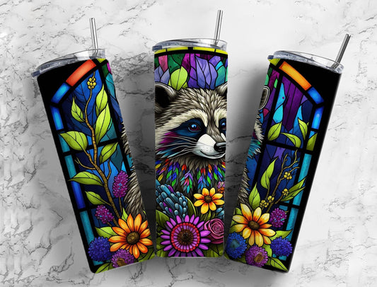 Stained glass raccoon 20oz Sublimation Tumbler Designs, Rainbow neon 9.2 x 8.3” Straight Skinny Tumbler Wrap