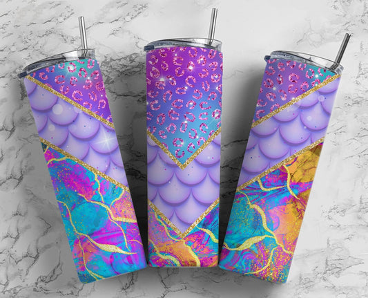 Mermaid Purple 20oz Sublimation Tumbler Designs, Paint Pour 9.2 x 8.3” Straight Skinny Tumbler Wrap, Purple Aesthetic Tumbler