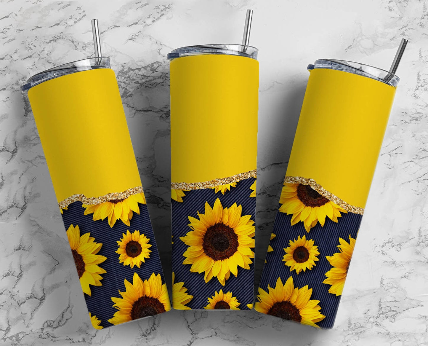 Rustic Yellow SunFlower 20oz Sublimation Tumbler Designs, AestheticFloral 9.2 x 8.3” Straight Skinny Tumbler Wrap PNG, Gold Agate 183