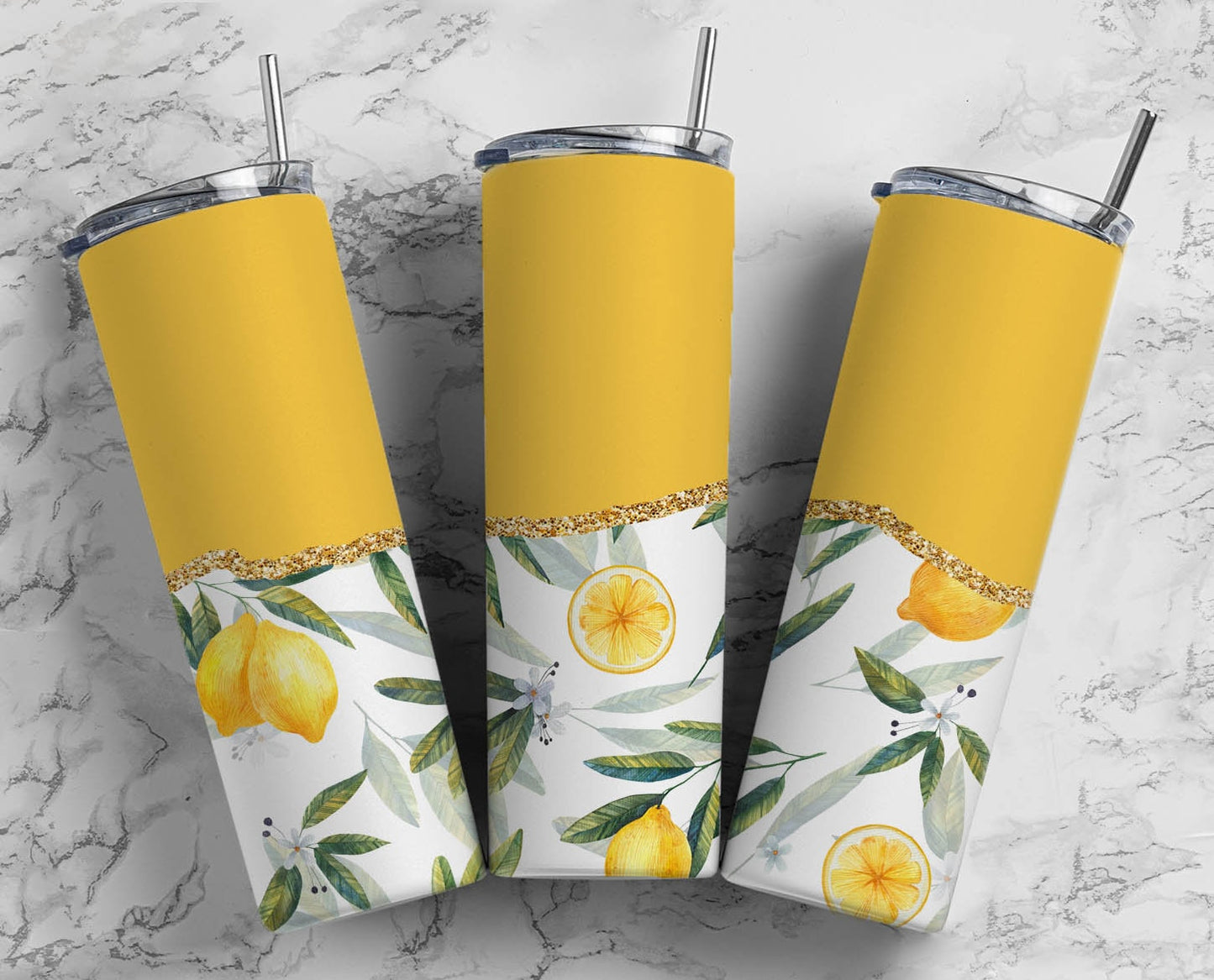 Yellow Flower 20oz Sublimation Tumbler Designs, AestheticFloral 9.2 x 8.3” Straight Skinny Tumbler Wrap PNG, Gold Agate 179