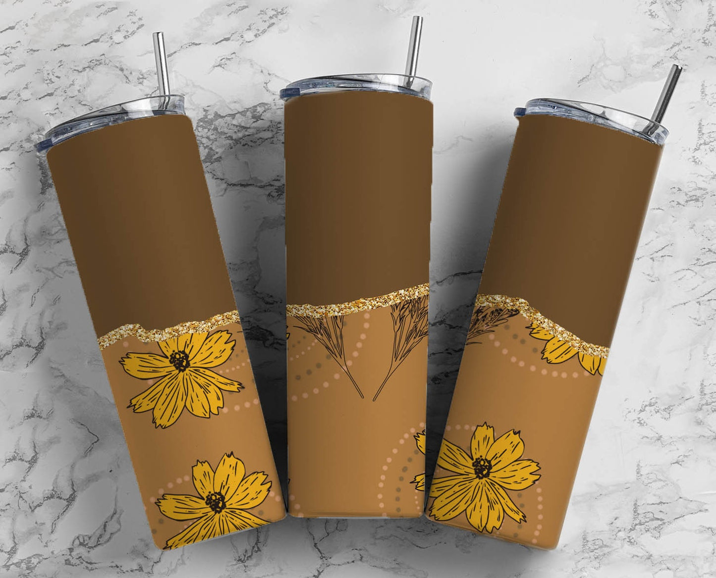 Rustic SunFlower 20oz Sublimation Tumbler Designs, AestheticFloral 9.2 x 8.3” Straight Skinny Tumbler Wrap PNG, Gold Agate 100