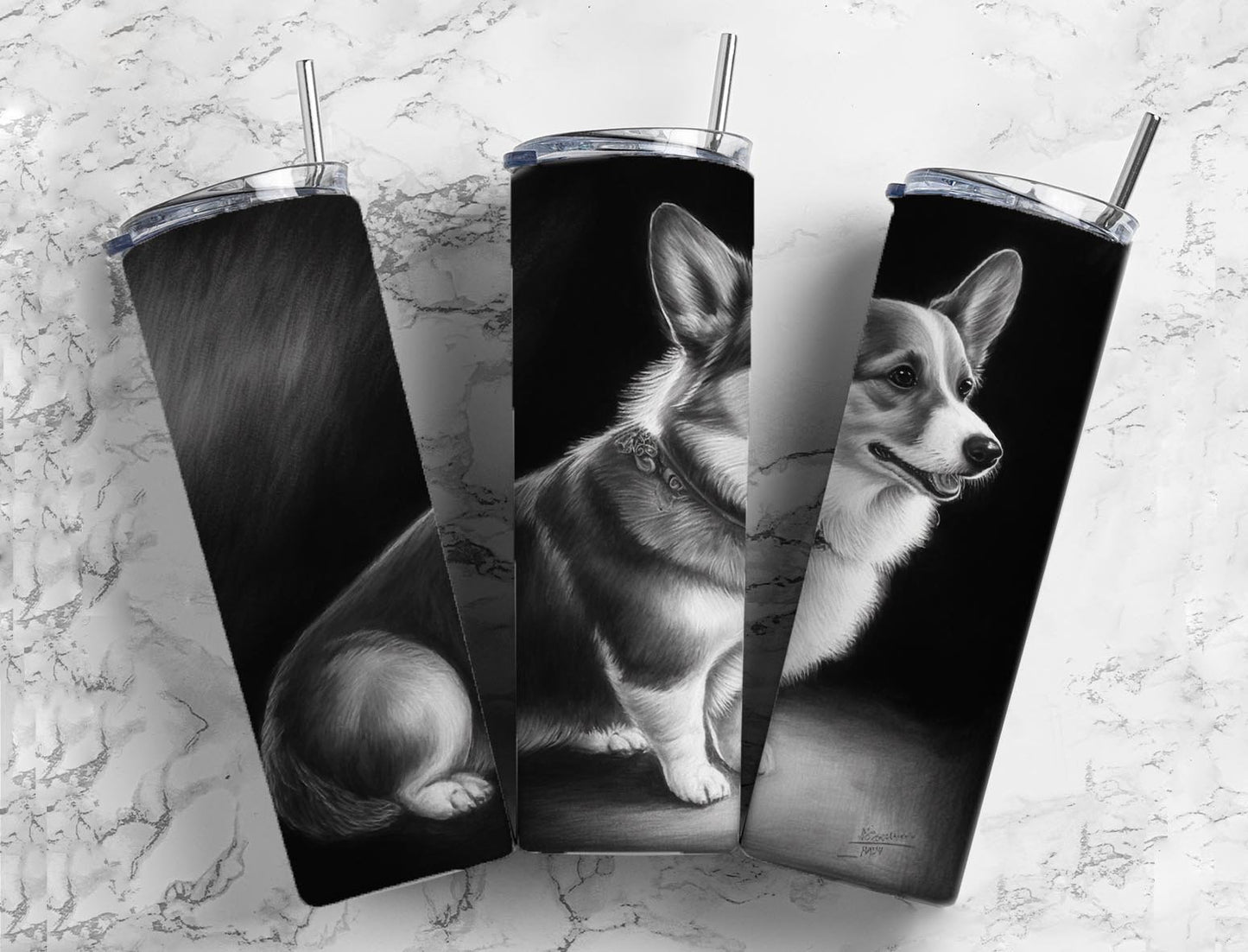 Corgi Dog 20oz Sublimation Tumbler Designs, Charcoal Painting 9.2 x 8.3” Straight Skinny Tumbler, Tumbler Wrap PNG