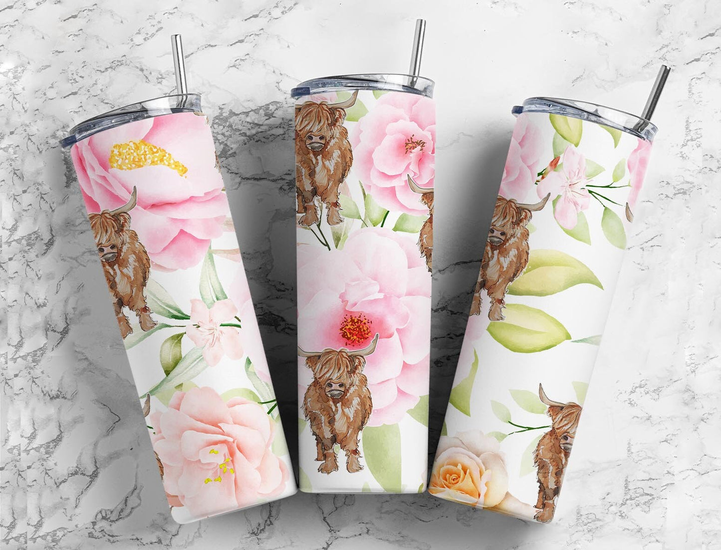 Watercolor highland cow 20oz Sublimation Tumbler Designs, pink floral 9.2 x 8.3” Straight Skinny Tumbler Wrap PNG