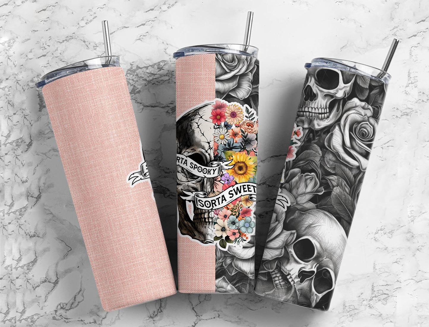 Sorat Spooky Sorta Sweet Skull FLoral 20oz Sublimation Tumbler Designs, 9.2 x 8.3” Straight Skinny Tumbler Wrap PNG