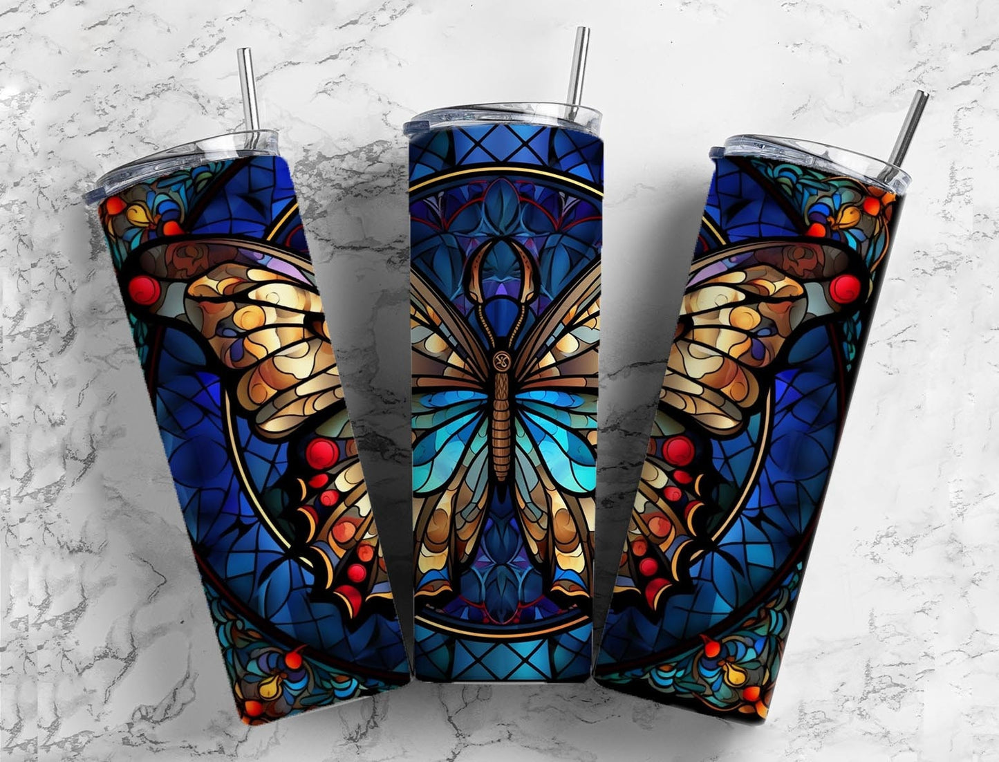 dark blue colorful 20oz Sublimation Tumbler Designs, butterfly 9.2 x 8.3” Straight Skinny Tumbler Wrap PNG