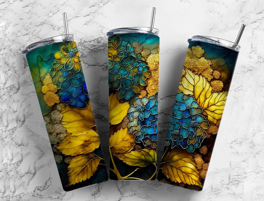 Blue hydrangea flower 20oz Sublimation Tumbler Designs, Colorful floral 9.2 x 8.3” Straight Skinny Tumbler Wrap PNG