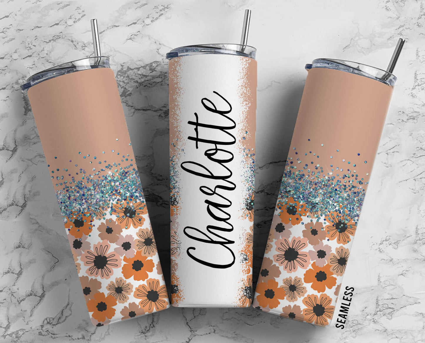 Retro FLoral Wallpaper 20oz Sublimation Tumbler Designs, Aesthetic Silver Glitter Split9.2 x 8.3” Straight Skinny Tumbler Wrap PNG 149