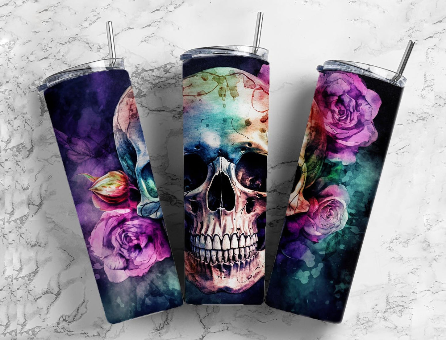 Rose skull 20oz Sublimation Tumbler Designs, Colorful floral 9.2 x 8.3” Straight Skinny Tumbler Wrap PNG