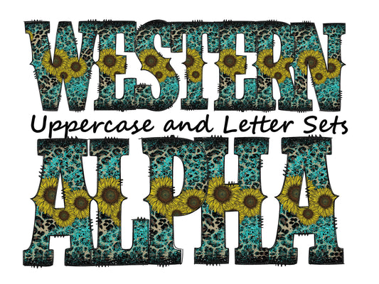 Turquoise leopard print Doodle Letters Western Alphabet, Sunflower floral Alphabet PNG, Entire Doodle Alphabet Uppercase and Numbers PNG