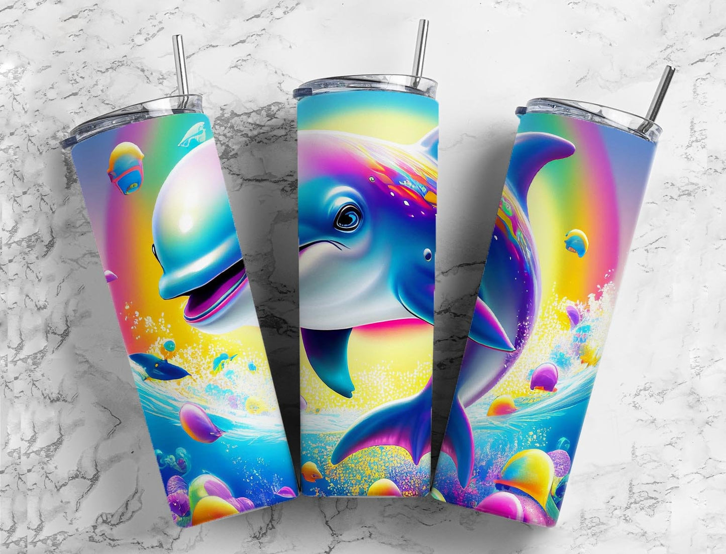 Cartoon dolphin 20oz Sublimation Tumbler Designs, Ocean rainbow 9.2 x 8.3” Straight Skinny Tumbler Wrap PNG