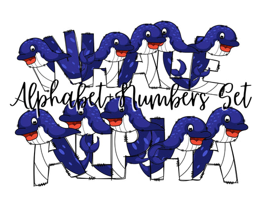 Whale Doodle Letters Alphabet with Uppercase and Numbers PNG, Alphabet PNG Digital Download