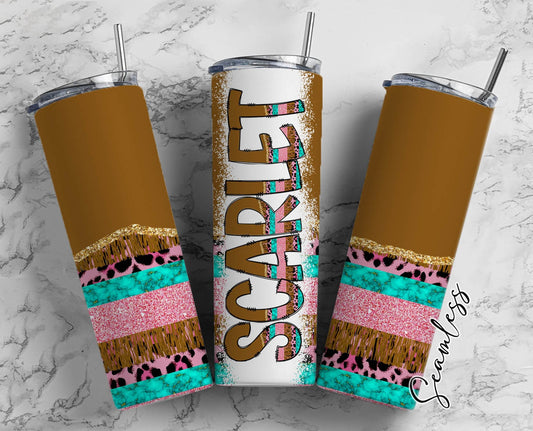 Country Tassel Tumbler Wrap with Matching Doodle Letter Alphabet PNG, Turquoise Pink Add your Own name 20oz Tumbler, Brown Alpha Set PNG 16