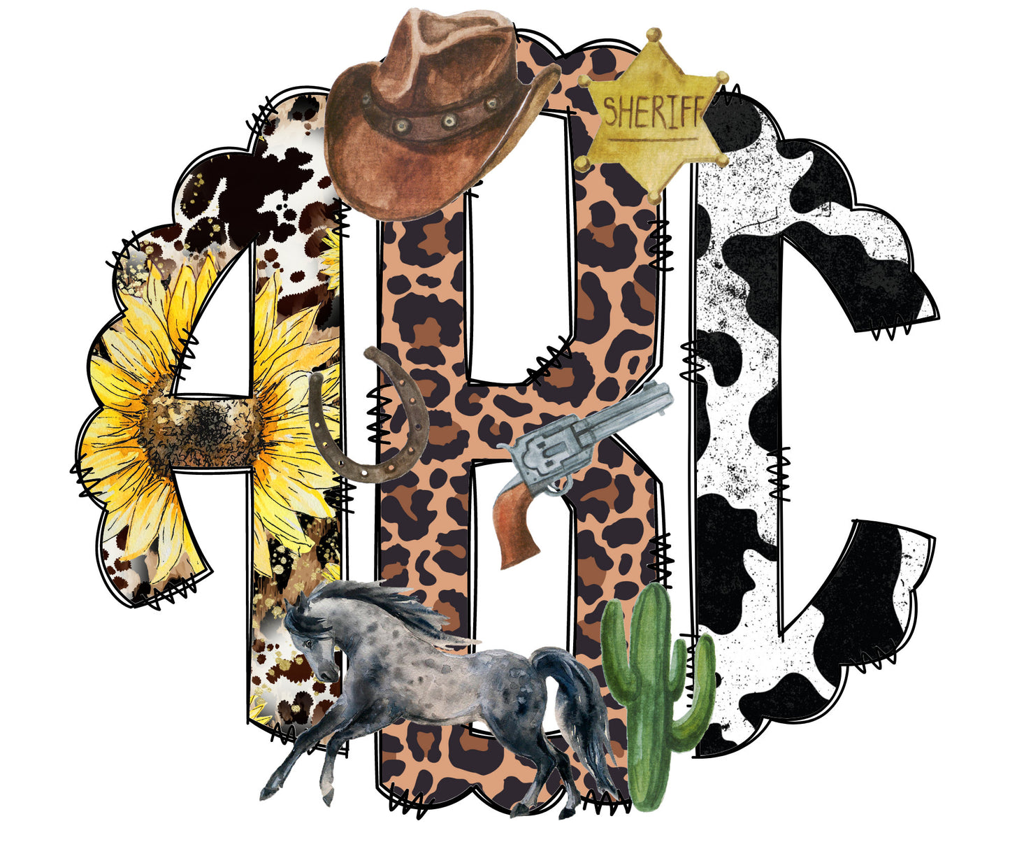 Country Horse Monogram Letters, Cowboy Sublimation PNG Elements Hand Drawn Doodle Alpha Bundle, Sunflower Cow Leooard Sublimation Font PNG