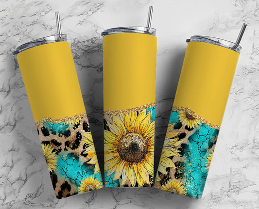 SunFlower Turquoise 20oz Sublimation Tumbler Designs, leopard Print Country 9.2 x 8.3” Straight Skinny Tumbler Wrap PNG, Gold Agate 159