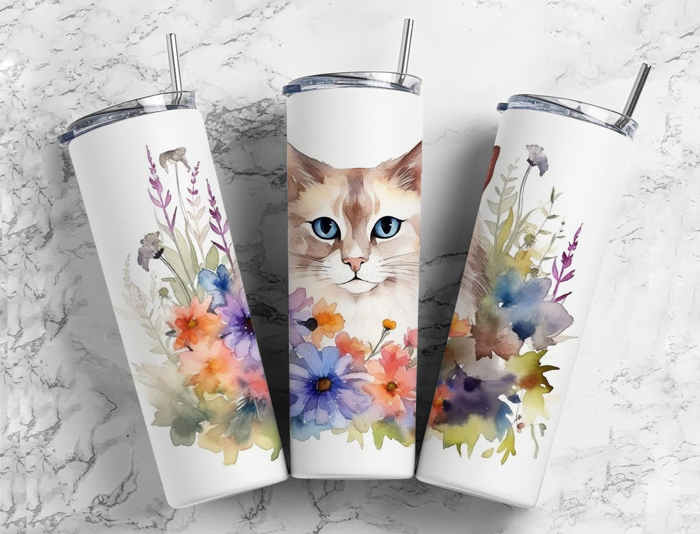 Colorful cat 20oz Sublimation Tumbler Designs, watercolor floral 9.2 x 8.3” Straight Skinny Tumbler Wrap PNG