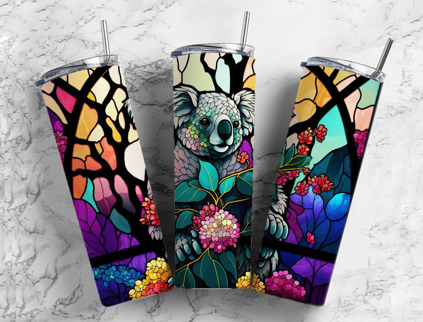 Stained Glass Koala 20oz Sublimation Tumbler Designs, Rainbow Neon 9.2 x 8.3” Straight Skinny Tumbler Wrap