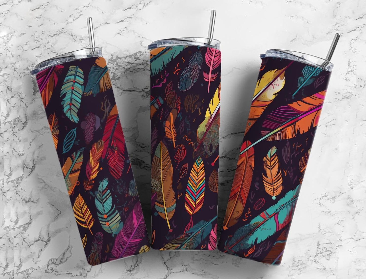 Colorful feather 20oz Sublimation Tumbler Designs, rainbow pattern 9.2 x 8.3” Straight Skinny Tumbler Wrap PNG