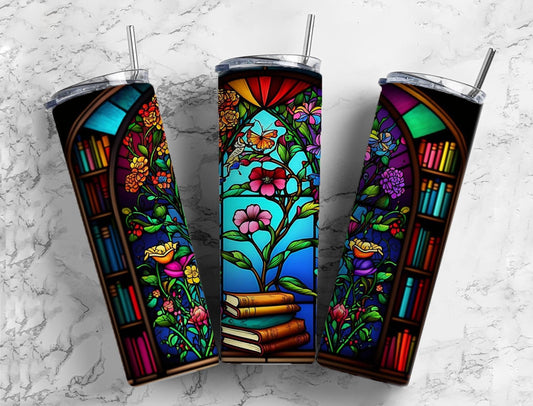 Stained glass bookshelf 20oz Sublimation Tumbler Designs, Rainbow floral 9.2 x 8.3” Straight Skinny Tumbler Wrap