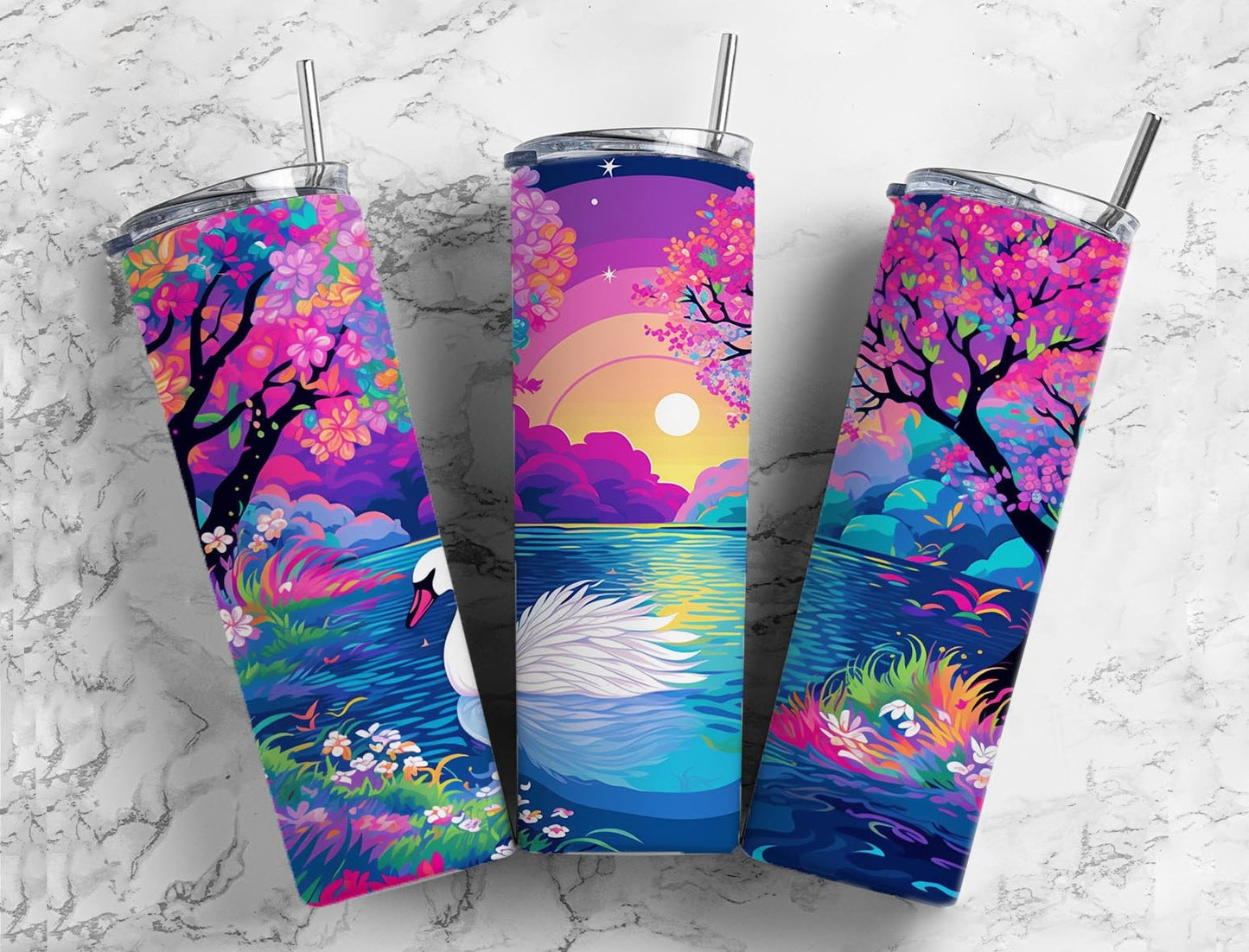 sunset river 20oz Sublimation Tumbler Designs, floral swan 9.2 x 8.3” Straight Skinny Tumbler Wrap PNG