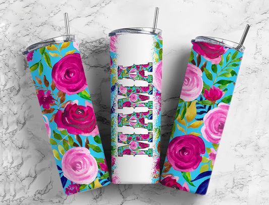 Floral Rose 20oz Sublimation Tumbler Designs, Blue Mama 9.2 x 8.3” Straight Skinny Tumbler Wrap PNG, Sublimation Design PNG