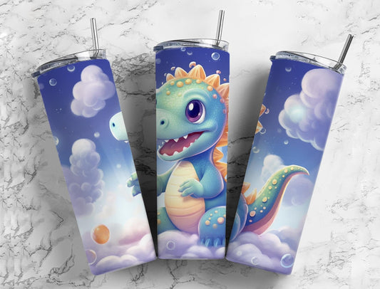 baby dinosaur 20oz Sublimation Tumbler Designs, sky clouds 9.2 x 8.3” Straight Skinny Tumbler Wrap PNG