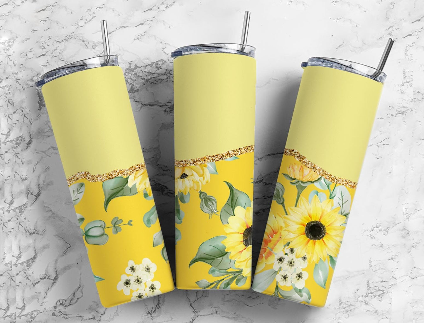 Boho Sunflower 20oz Sublimation Tumbler Designs, Agate Glitter Yellow 9.2 x 8.3” Straight Skinny Tumbler Wrap PNG