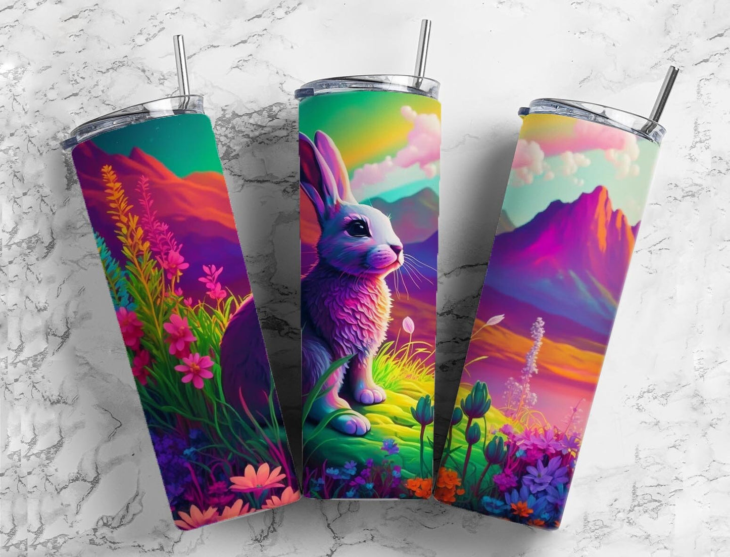 Bunny Rabbit 20oz Sublimation Tumbler Designs, Vibrant Neon Rainbow 9.2 x 8.3” Straight Skinny Tumbler, Tumbler Wrap PNG