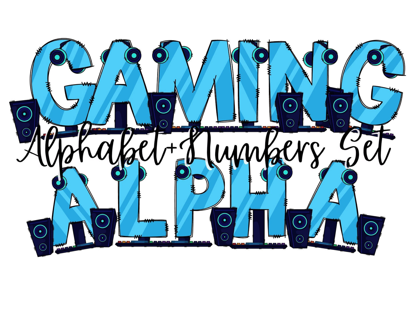 Gaming Doodle Letters Alphabet with Uppercase and Numbers PNG, Alphabet PNG Digital Download PNG