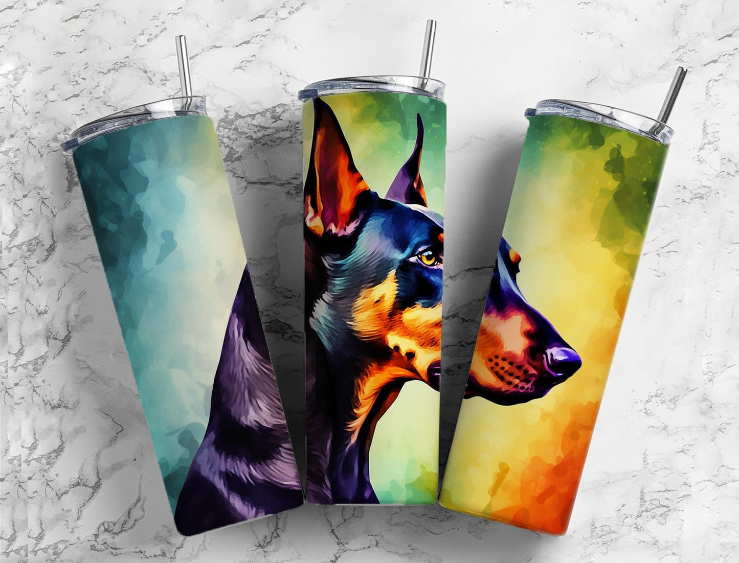 Colorful dog 20oz Sublimation Tumbler Designs, Doberman 9.2 x 8.3” Straight Skinny Tumbler Wrap PNG