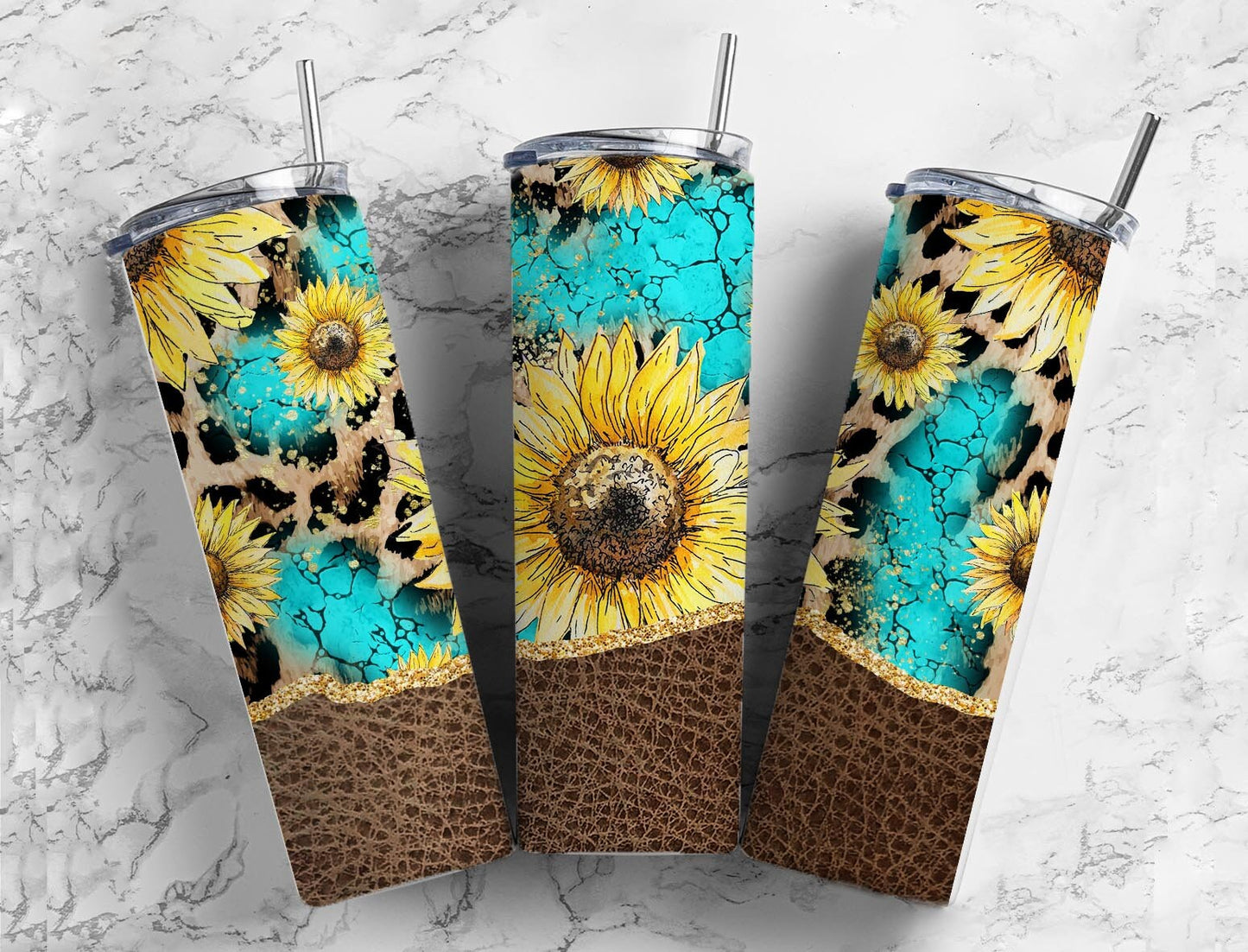 Western Turquoise Stone 20oz Sublimation Tumbler Designs, SAgate Glitter unflower 9.2 x 8.3” Straight Skinny Tumbler, PNG