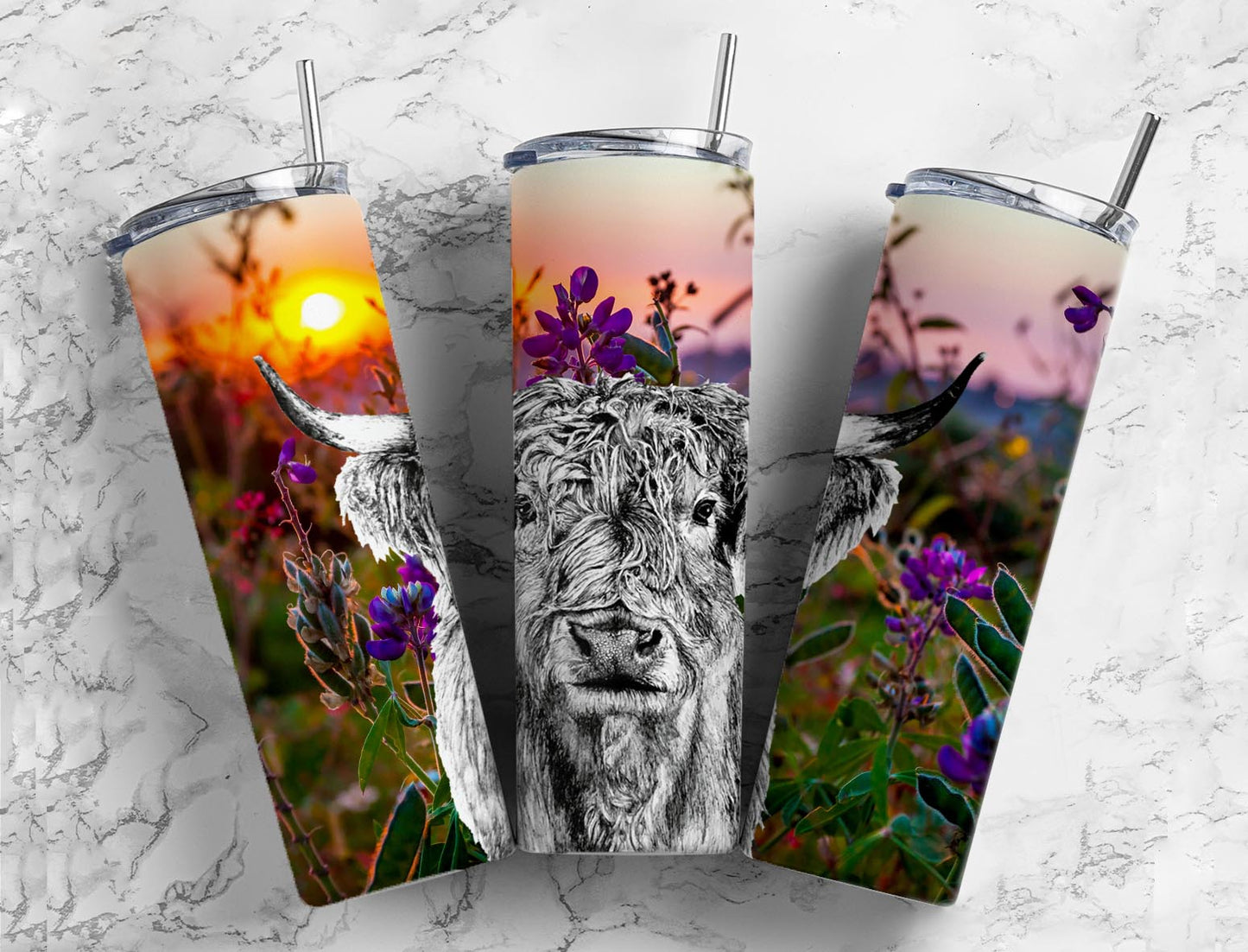 Sunrise Highland Cow 20oz Sublimation Tumbler Designs, Black and White 9.2 x 8.3”  Tumbler Png, Digital Download