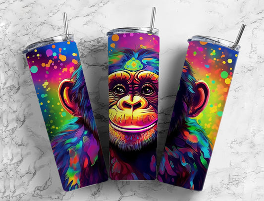 Smiling monkey 20oz Sublimation Tumbler Designs, Rainbow colorful 9.2 x 8.3” Straight Skinny Tumbler Wrap PNG