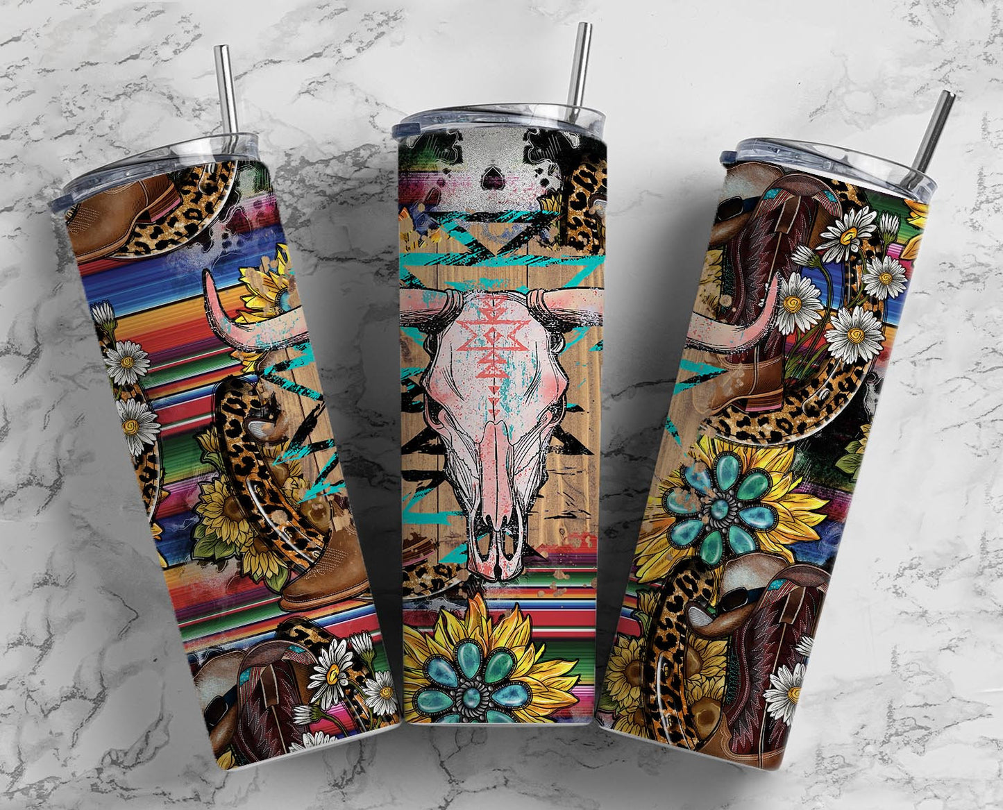 Bull Skull 20oz Sublimation Tumbler Designs, Cowboy Boots 9.2 x 8.3” Straight Skinny Tumbler, Turquoise Wrap PNG